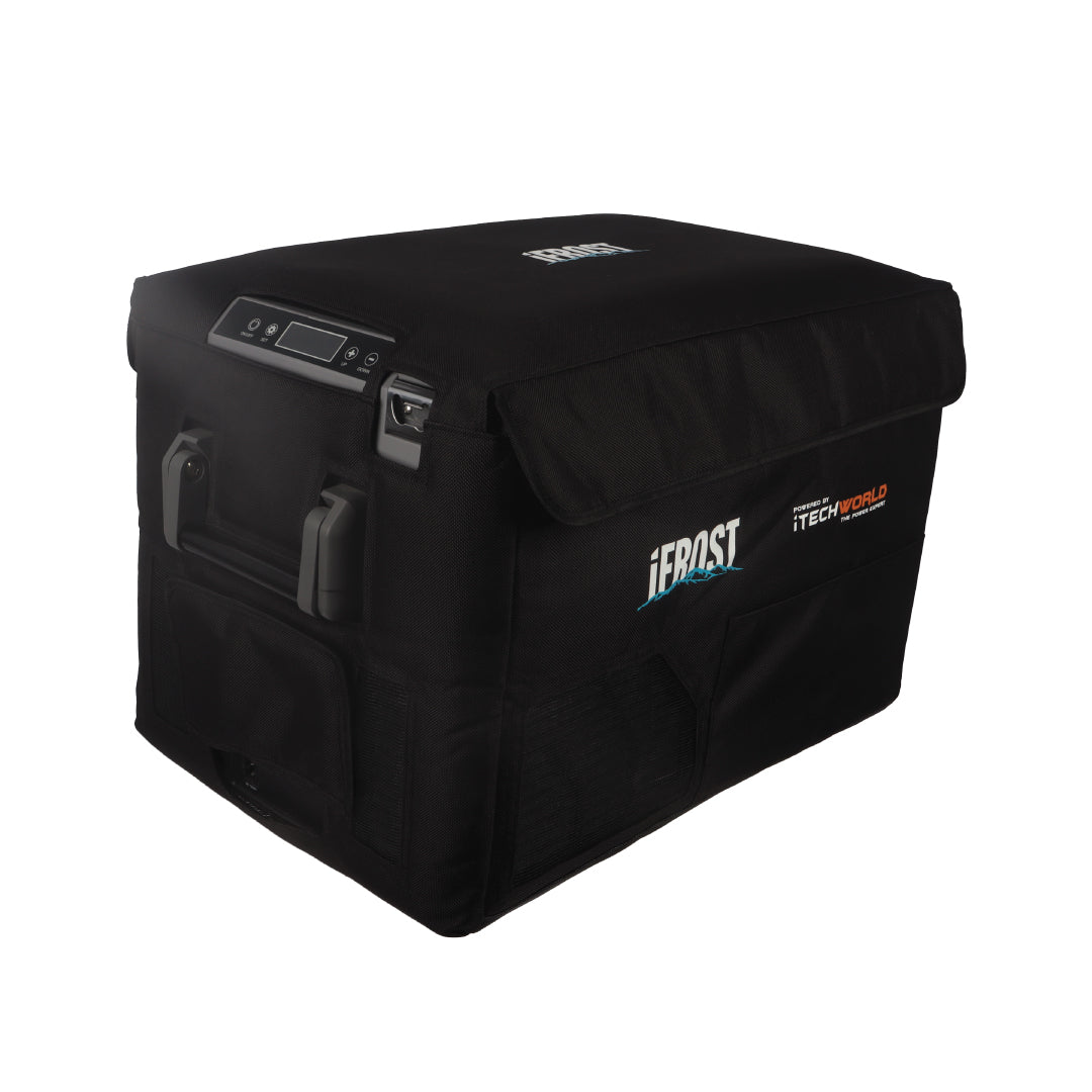 The iFROST Fridge Freezer Cover 40L by iTechworld, in black with digital controls and sturdy handles, is now 100% off—get it as part of an exclusive BOGO bundle or with a free gift, shown against a white background.