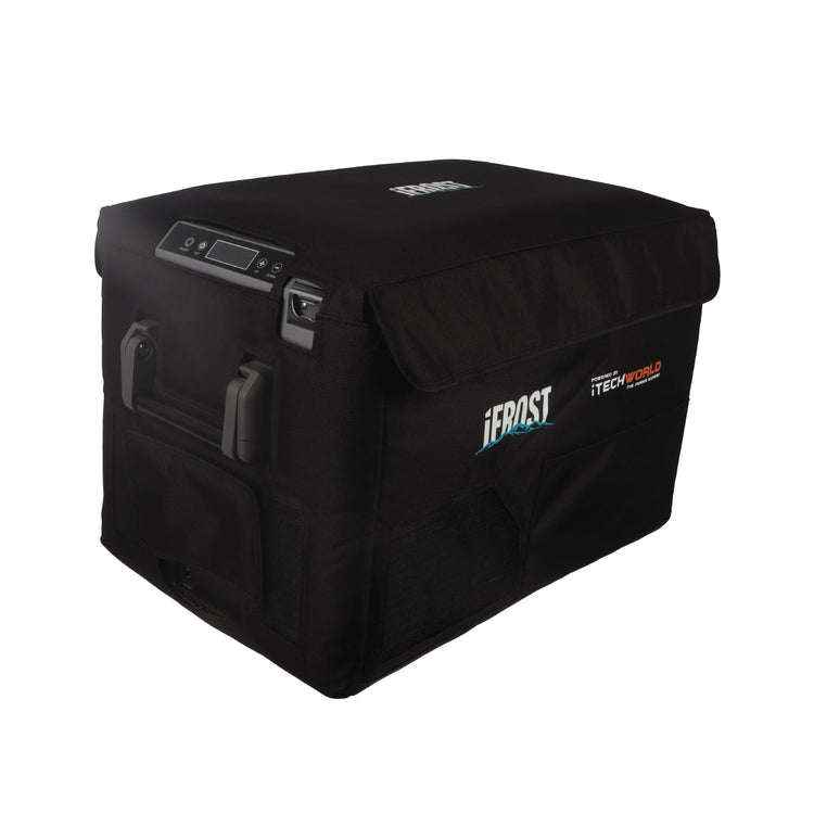 The iFROST Fridge Freezer Cover 40L by iTechworld, in black with digital controls and sturdy handles, is now 100% off—get it as part of an exclusive BOGO bundle or with a free gift, shown against a white background.
