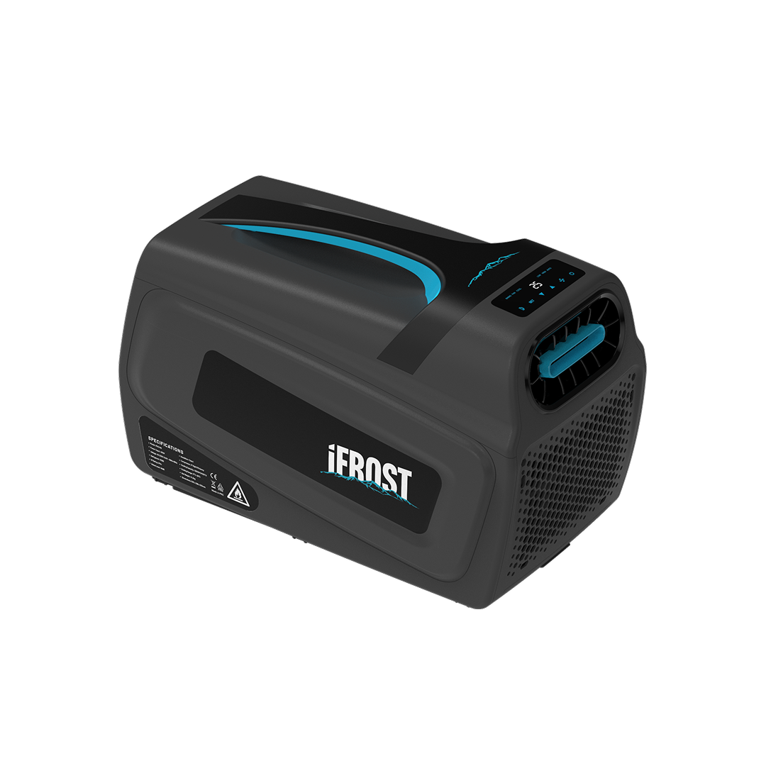 The iTechworld iFROST Portable Air Conditioner (1000W/3412BTU), in black and blue with a digital display and vent, is compact and ideal for camping. Labeled iFROST on the side, it’s shown on a white background.