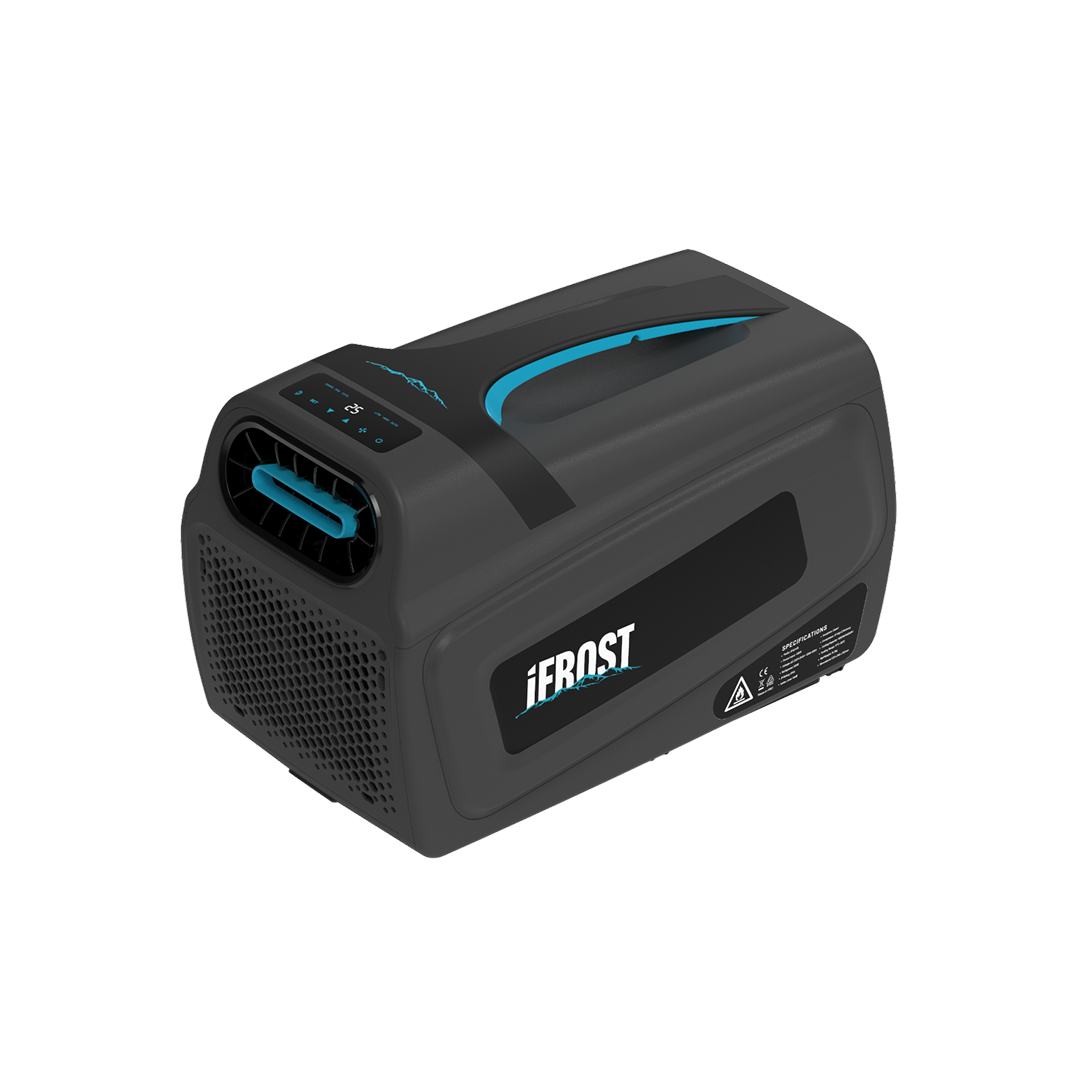 A black iTechworld iFROST Portable Air Conditioner (1000W/3412BTU) with a digital display, vent, and blue accents, designed for camping or caravan cooling, is shown on a white background.