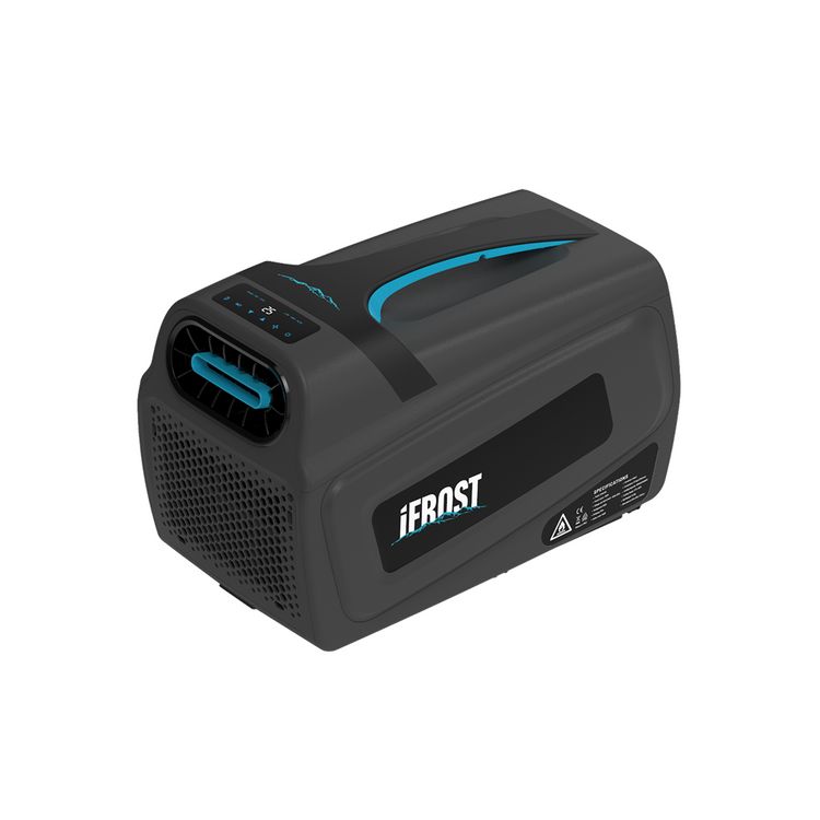 A black iTechworld iFROST Portable Air Conditioner (1000W/3412BTU) with a digital display, vent, and blue accents, designed for camping or caravan cooling, is shown on a white background.