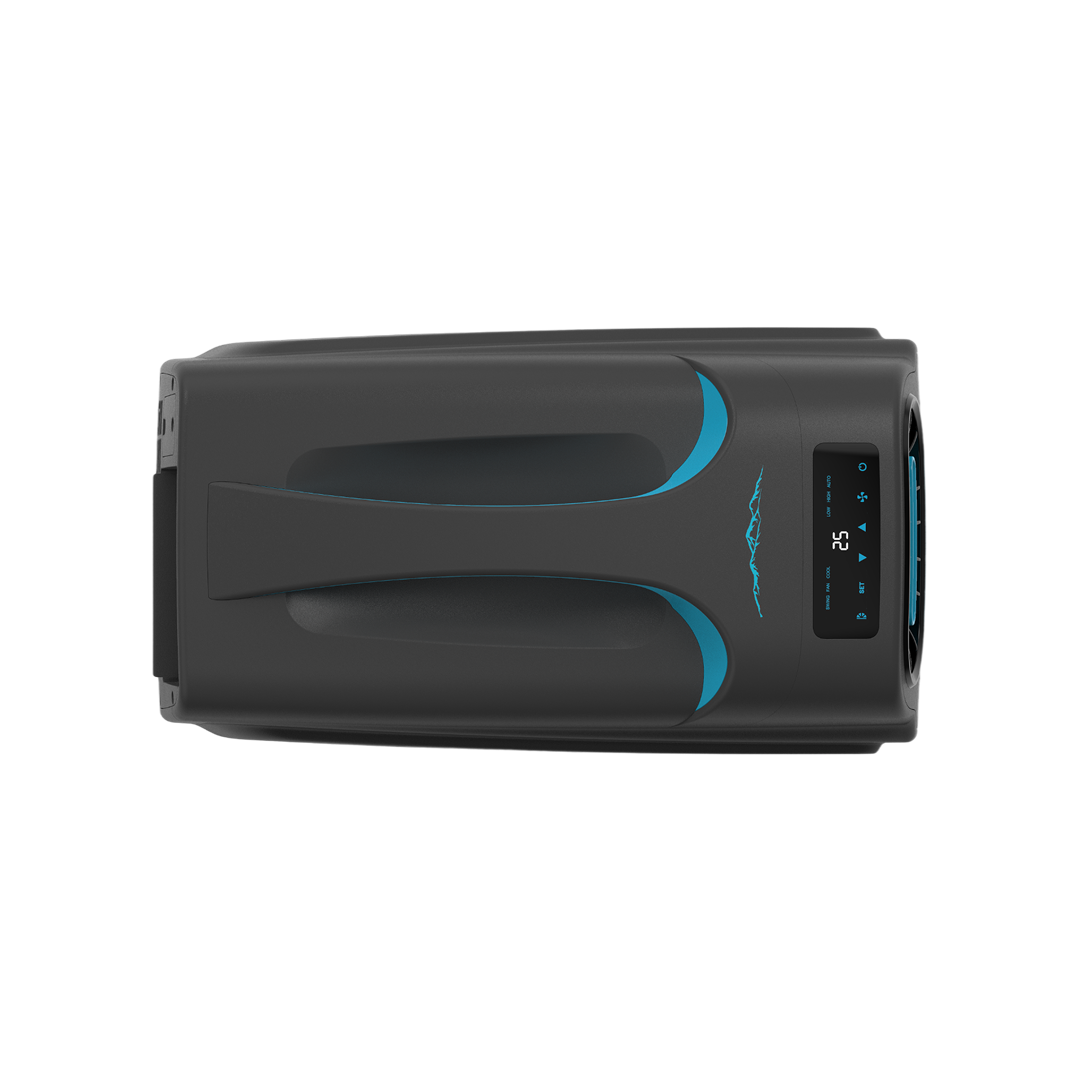 Top view of the iTechworld iFROST Portable Air Conditioner (1000W/3412BTU)—a sleek, black unit with blue accents and an electronic control panel, perfect for caravan or camping use to keep your essentials cool on the go.