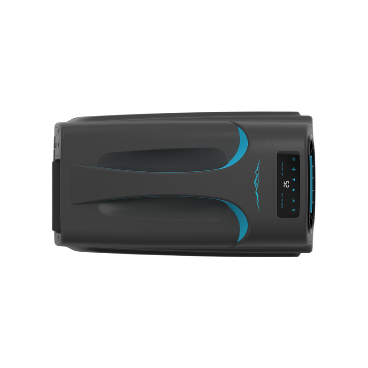 Top view of the iTechworld iFROST Portable Air Conditioner (1000W/3412BTU)—a sleek, black unit with blue accents and an electronic control panel, perfect for caravan or camping use to keep your essentials cool on the go.