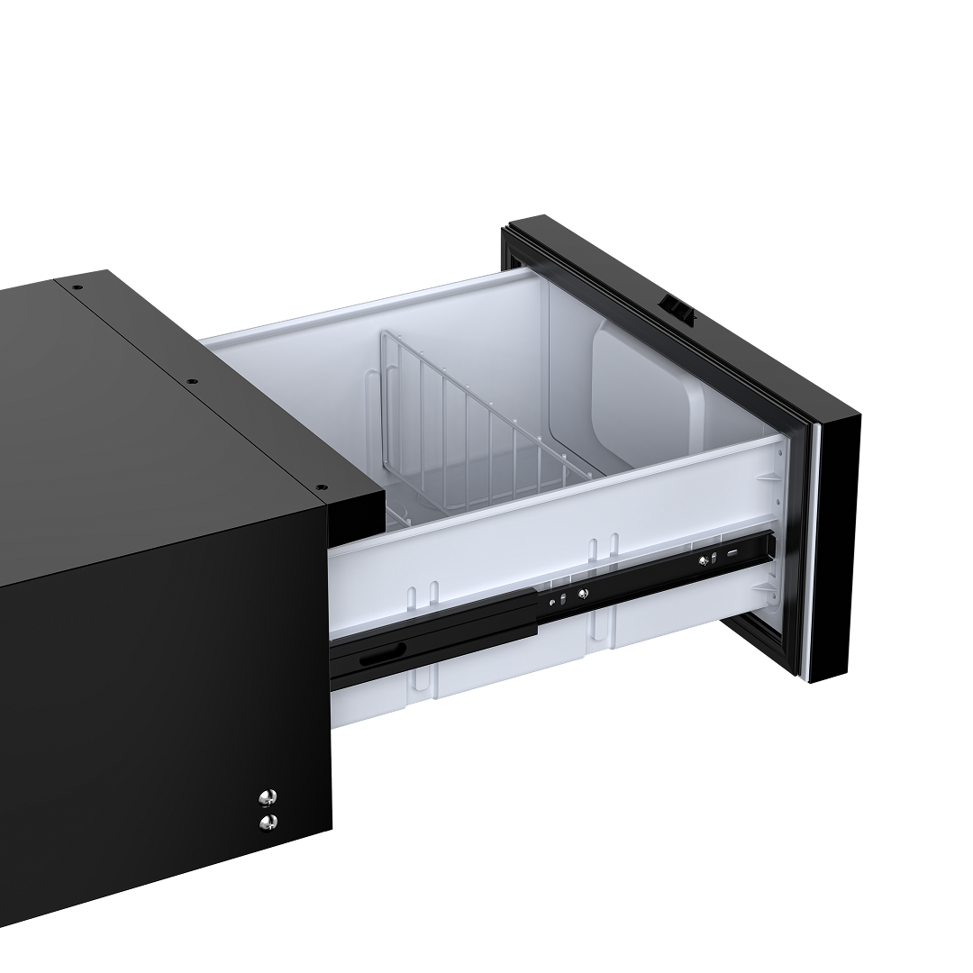 The iFROST | Drawer Fridge Freezer | 31L by iTechworld is a sleek black and white, drawer-style unit ideal for 4WD use. It features a modern design, sliding rail mechanism, and comes partially open to reveal a wire divider inside.