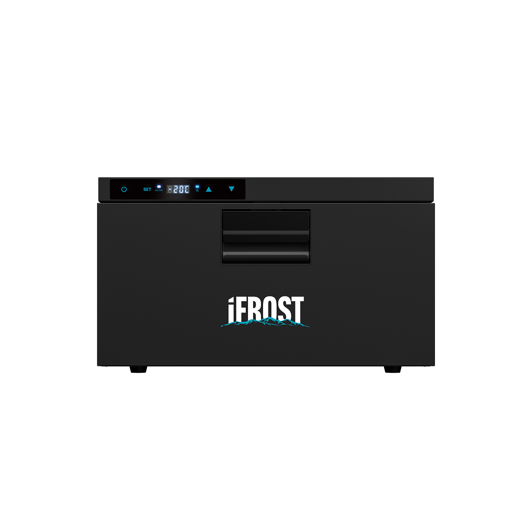 The iTechworld iFROST Drawer Fridge Freezer (31L) is a portable black unit with a top digital control panel, front central handle, and iFROST logo—featuring an LG Compressor, perfect for 4WD, shown on a white background.
