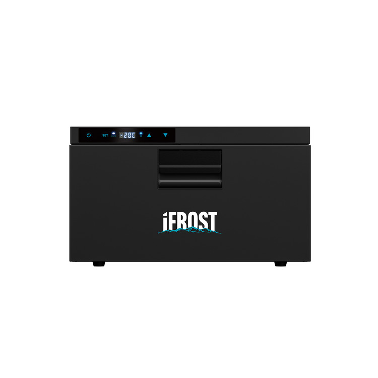 The iTechworld iFROST Drawer Fridge Freezer (31L) is a portable black unit with a top digital control panel, front central handle, and iFROST logo—featuring an LG Compressor, perfect for 4WD, shown on a white background.