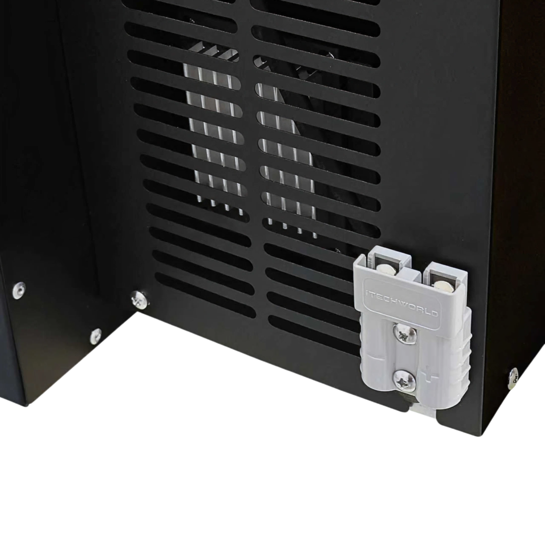Close-up of a black iTechworld-branded metal enclosure with ventilation slits and a white connector, designed for reliable use with the iFROST | Drawer Fridge Freezer | 31L in 4WD setups.