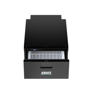 The iTechworld iFROST Drawer Fridge Freezer 31L features a black finish, LG compressor, and open front drawer displaying the ice storage compartment, shown from above on a white background.