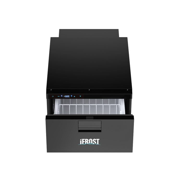 The iTechworld iFROST Drawer Fridge Freezer 31L features a black finish, LG compressor, and open front drawer displaying the ice storage compartment, shown from above on a white background.
