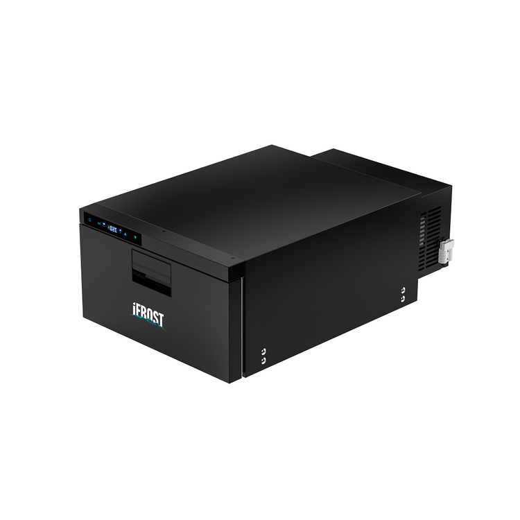 The iTechworld iFROST | Drawer Fridge Freezer | 31L is a black rectangular unit with a digital display and vented side panel, featuring an advanced LG Compressor—ideal as a 4WD fridge for any adventure. Shown on a white background.