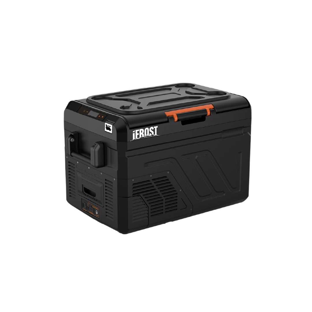 The iFROST | Fridge Freezer | 40L by iTechworld, featuring a black design with orange handles, digital display, side control buttons, ventilation panels, and an efficient LG compressor, sits on a white background.