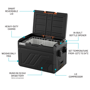 The iFROST 40L fridge freezer with the lid open and a description of the key components