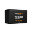 The black iTechworld iTECH100 Deep Cycle LiFePO4 100Ah lithium battery features a Battery Management System, 12.8V, 1280Wh, and displays "The Power Expert" on the front.