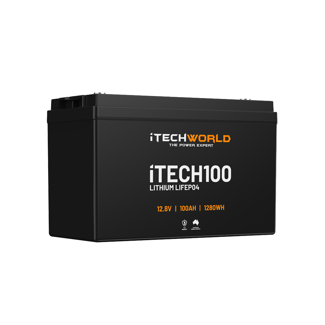 The black iTechworld iTECH100 Deep Cycle LiFePO4 100Ah lithium battery features a Battery Management System, 12.8V, 1280Wh, and displays "The Power Expert" on the front.