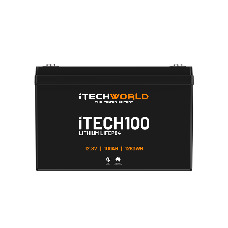 A black iTechworld iTECH100 Deep Cycle LiFePO4 100Ah lithium battery with Battery Management System, 12.8V, 1280Wh specs and the iTechworld logo above the label, set against a white background.