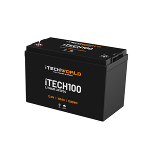 A black iTechworld iTECH100 Deep Cycle LiFePO4 100Ah lithium battery with orange and white text shows 12.8V, 100Ah, and 1280Wh specs plus a Battery Management System, all set on a plain white background.