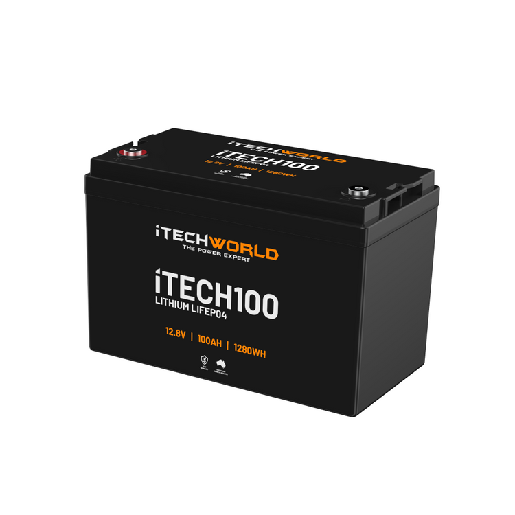 A black iTechworld iTECH100 Deep Cycle LiFePO4 100Ah lithium battery with orange and white text shows 12.8V, 100Ah, and 1280Wh specs plus a Battery Management System, all set on a plain white background.