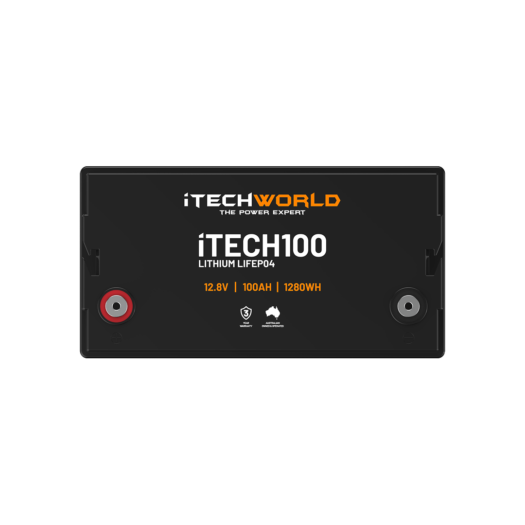 The iTechworld iTECH100 Deep Cycle LiFePO4 100Ah lithium battery features visible red and black terminals, 12.8V/1280Wh specs, and an advanced Battery Management System for enhanced safety and performance.