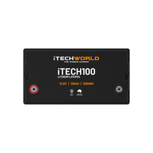 The iTechworld iTECH100 Deep Cycle LiFePO4 100Ah lithium battery features visible red and black terminals, 12.8V/1280Wh specs, and an advanced Battery Management System for enhanced safety and performance.
