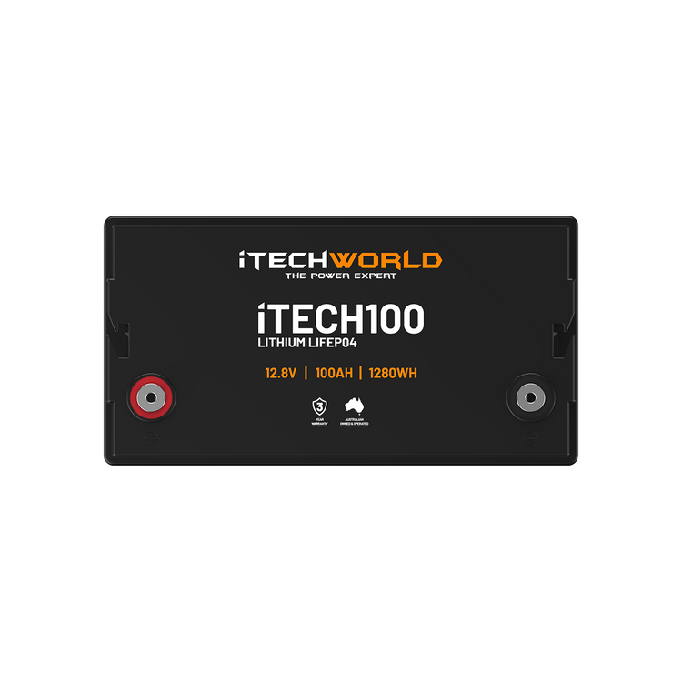 The iTechworld iTECH100 Deep Cycle LiFePO4 100Ah lithium battery features visible red and black terminals, 12.8V/1280Wh specs, and an advanced Battery Management System for enhanced safety and performance.