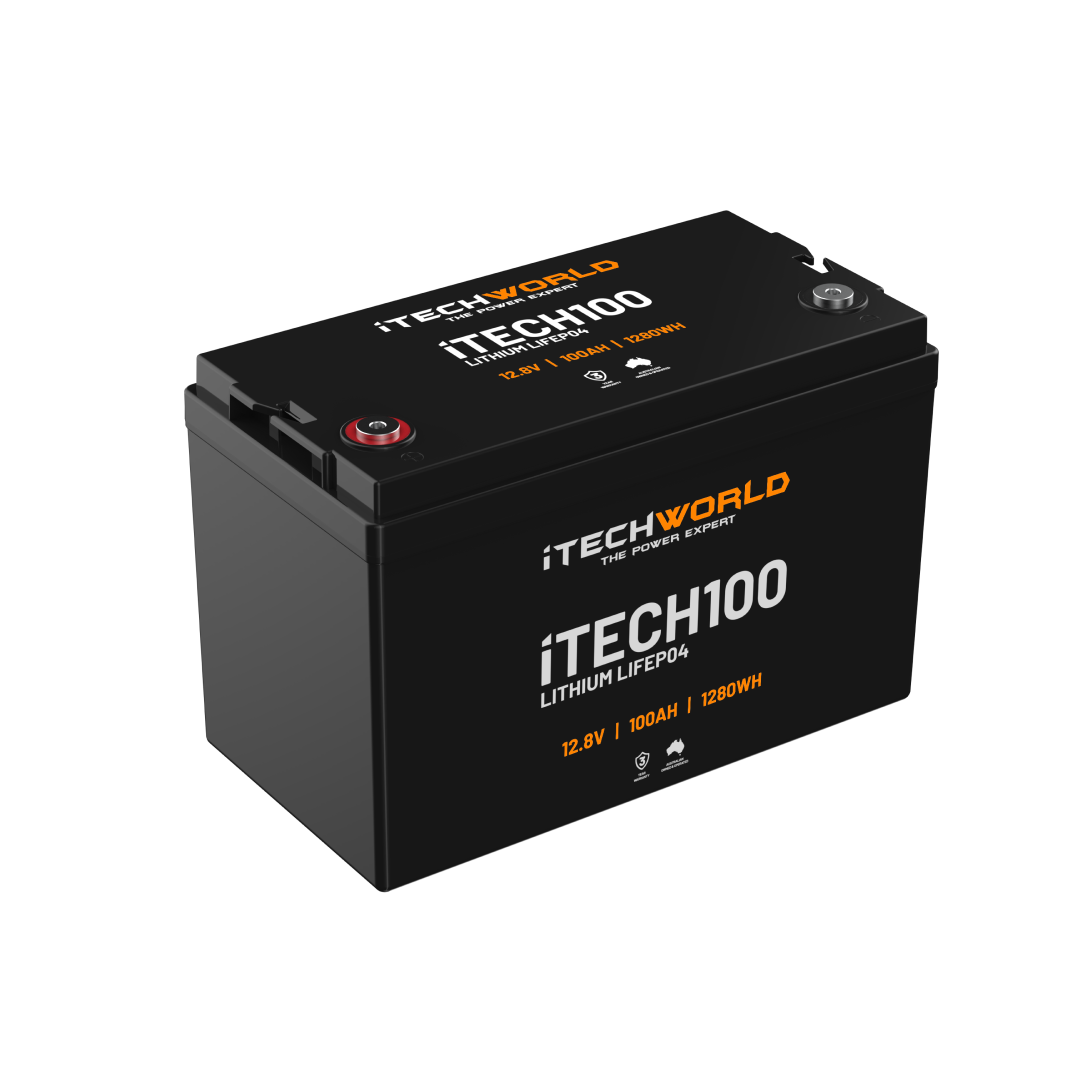 A black iTechworld iTECH100 Deep Cycle LiFePO4 100Ah lithium battery (12.8V, 1280Wh) features red/black top terminals and an advanced Battery Management System for enhanced safety.