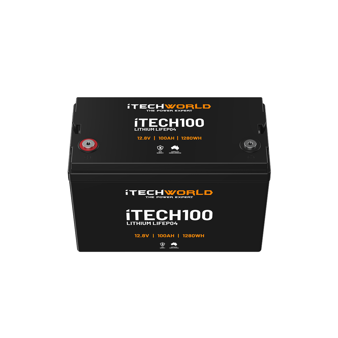 The iTechworld iTECH100 Deep Cycle LiFePO4 100Ah lithium battery is black with red and black terminals, features a 12.0V, 100Ah capacity (1280Wh output), and includes a Battery Management System for enhanced safety and reliability.