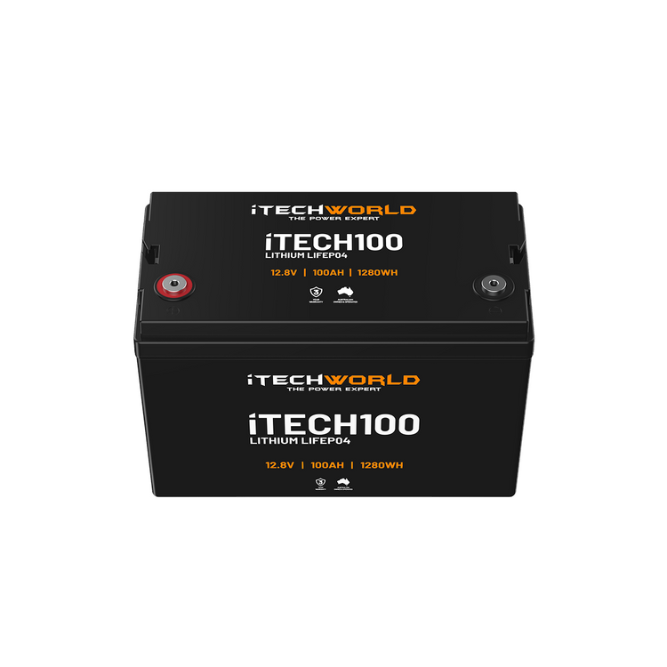 The iTechworld iTECH100 Deep Cycle LiFePO4 100Ah lithium battery is black with red and black terminals, features a 12.0V, 100Ah capacity (1280Wh output), and includes a Battery Management System for enhanced safety and reliability.