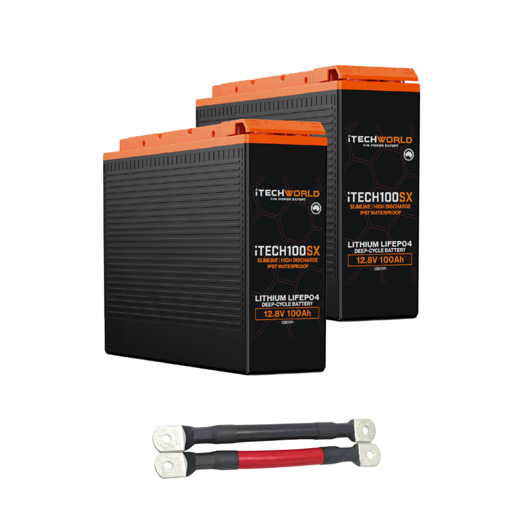 The iTechworld 200Ah Lithium LiFePO4 Slim Battery Bundle includes 2×100Ah deep cycle batteries and parallel linking cables—perfect for off-grid solar systems.
