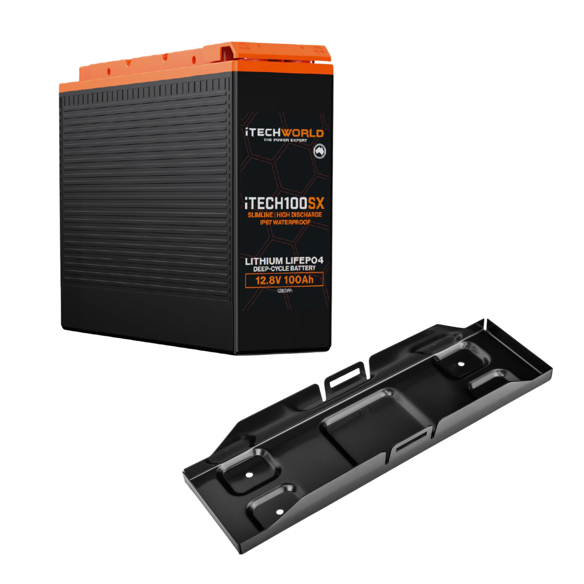 The iTechworld 100Ah Slim Lithium LiFePO4 Battery Bundle with Battery Tray features a sleek orange and black design, shown on a white background—perfect for off-grid power solutions.