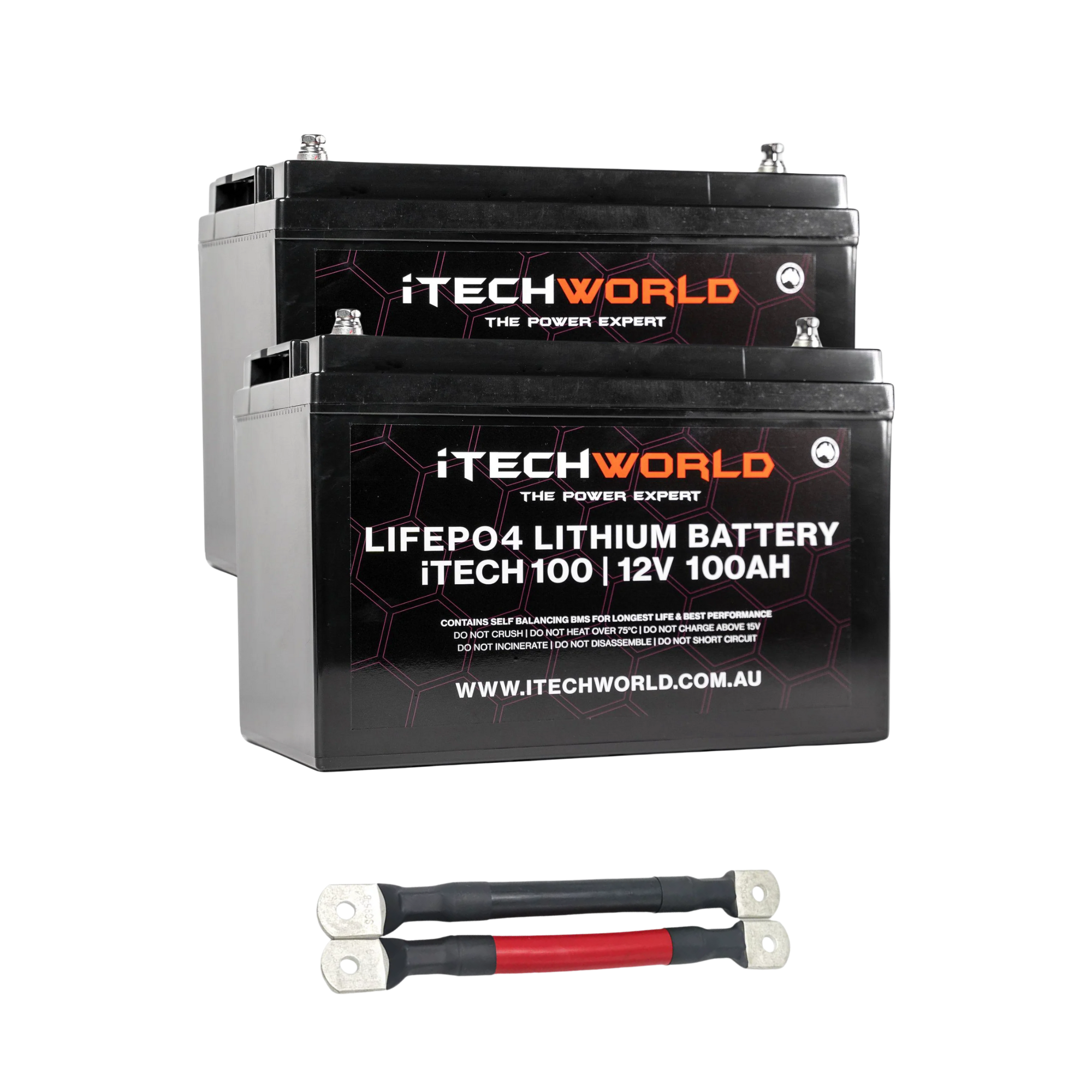 The iTechworld 200Ah Lithium LiFePO4 Battery Bundle includes two 100Ah deep cycle batteries with linking cables—perfect for off-grid solar systems. The black batteries display the brand logo and specs, with red and black cables below.