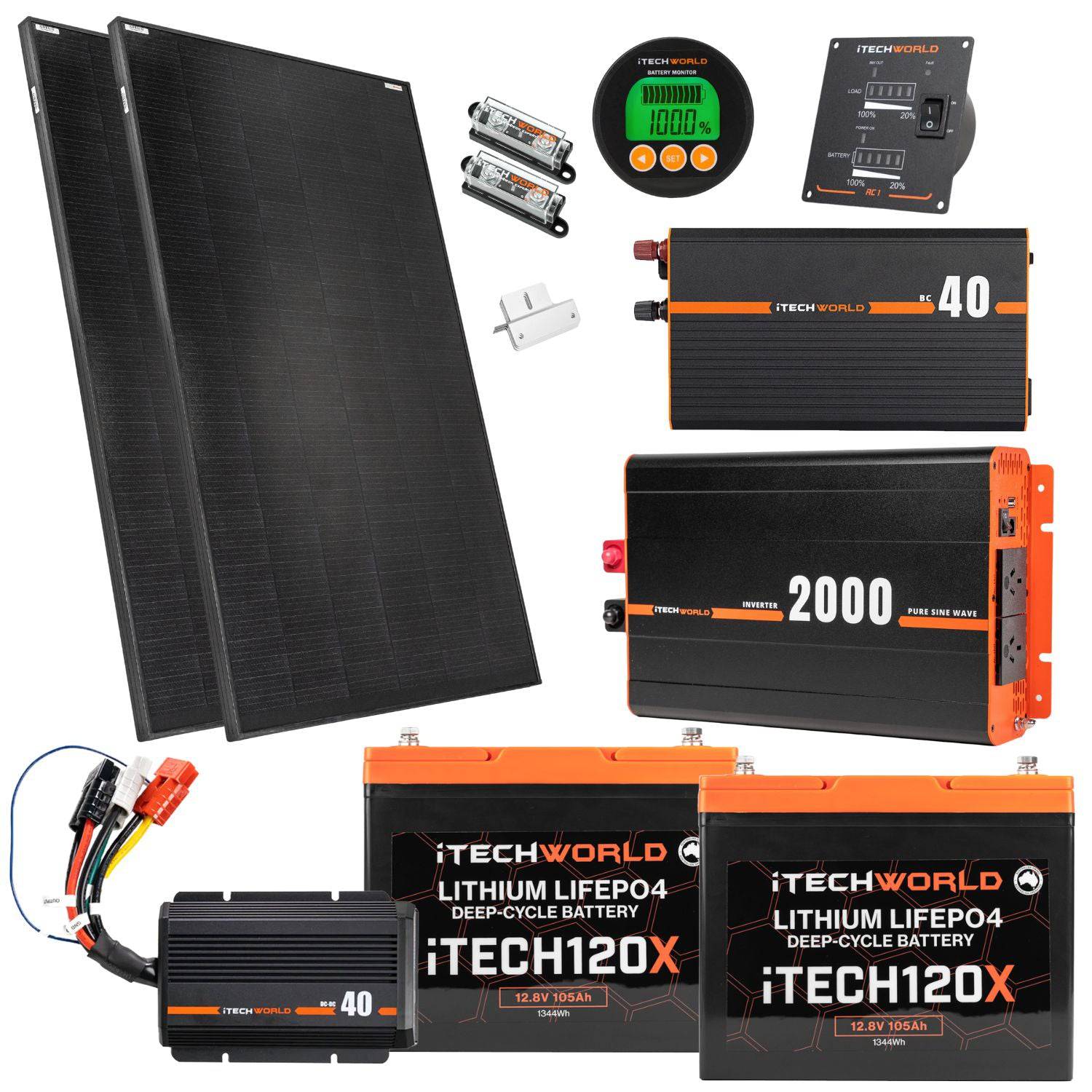 Complete Lithium 4WD/Caravan kit - 2x iTECH120X's, iTECHDCDC40, iTECHBC40, iTECHBM500 & 2000w inverter - iTechworld