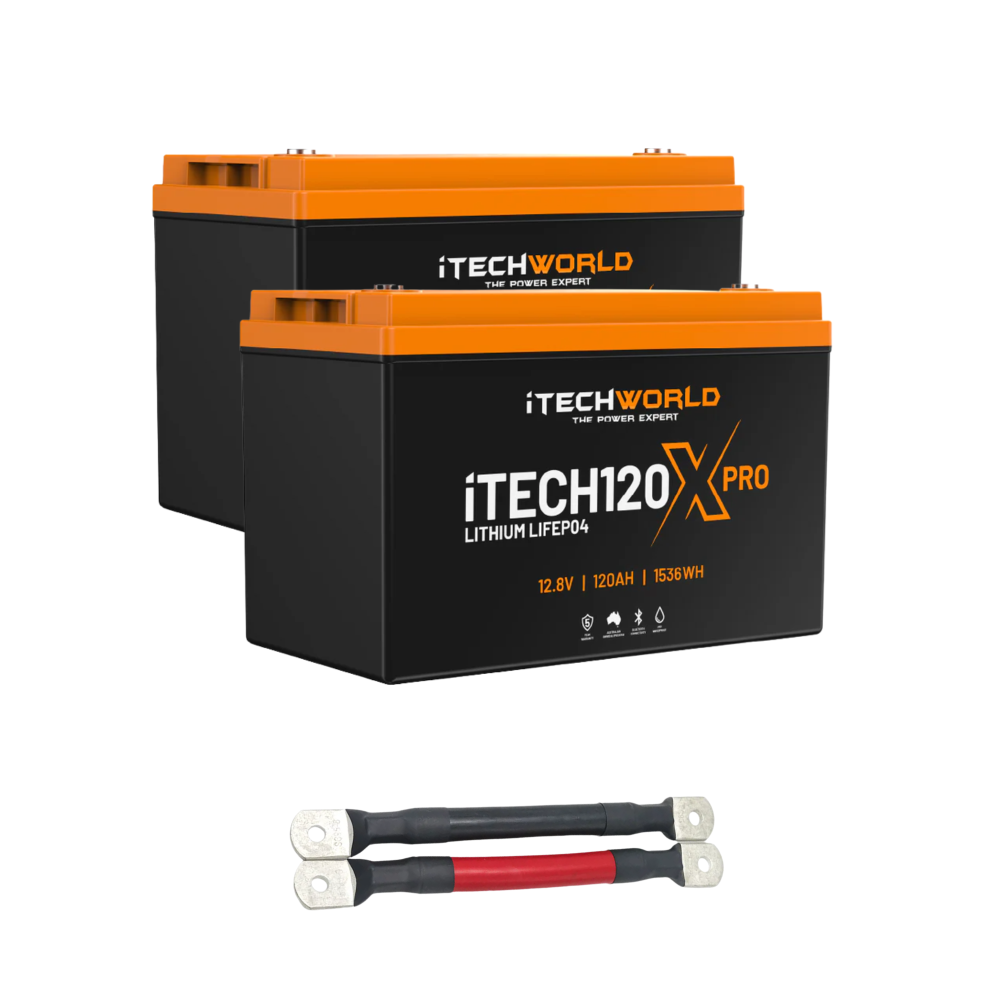 The iTechworld 240Ah Lithium LiFePO4 Bluetooth PRO Battery Bundle includes two 120Ah deep cycle batteries with orange-black casing and parallel linking cables, making it perfect for off-grid solar setups.