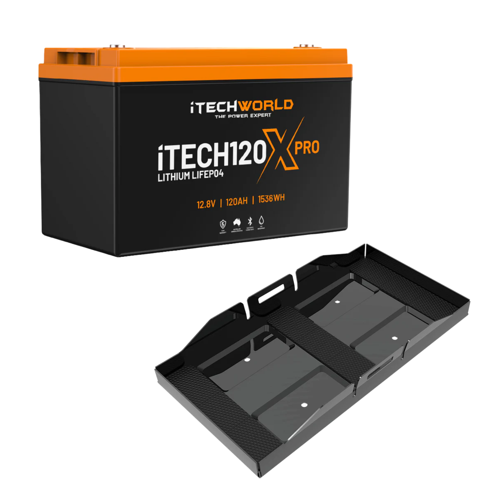 The iTechworld 120Ah Lithium LiFePO4 Bluetooth PRO Battery Bundle with black battery tray offers reliable off-grid power, featuring a secure tray with raised edges.