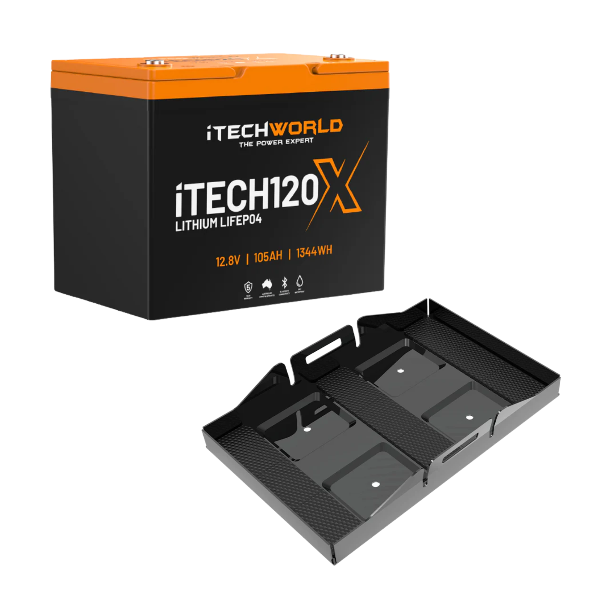 The iTechworld 105Ah Lithium LiFePO4 Bluetooth Battery Bundle with black metal tray is shown—ideal for off-grid power solutions.