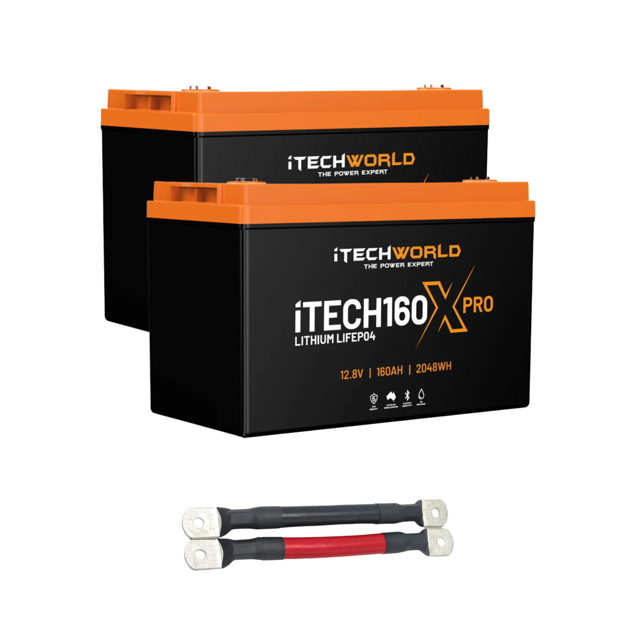 The iTechworld 320Ah Lithium LiFePO4 Bluetooth PRO Battery Bundle features two 160Ah deep cycle batteries with parallel linking cables—ideal for off-grid solar—shown with black and red connector cables on a white background.