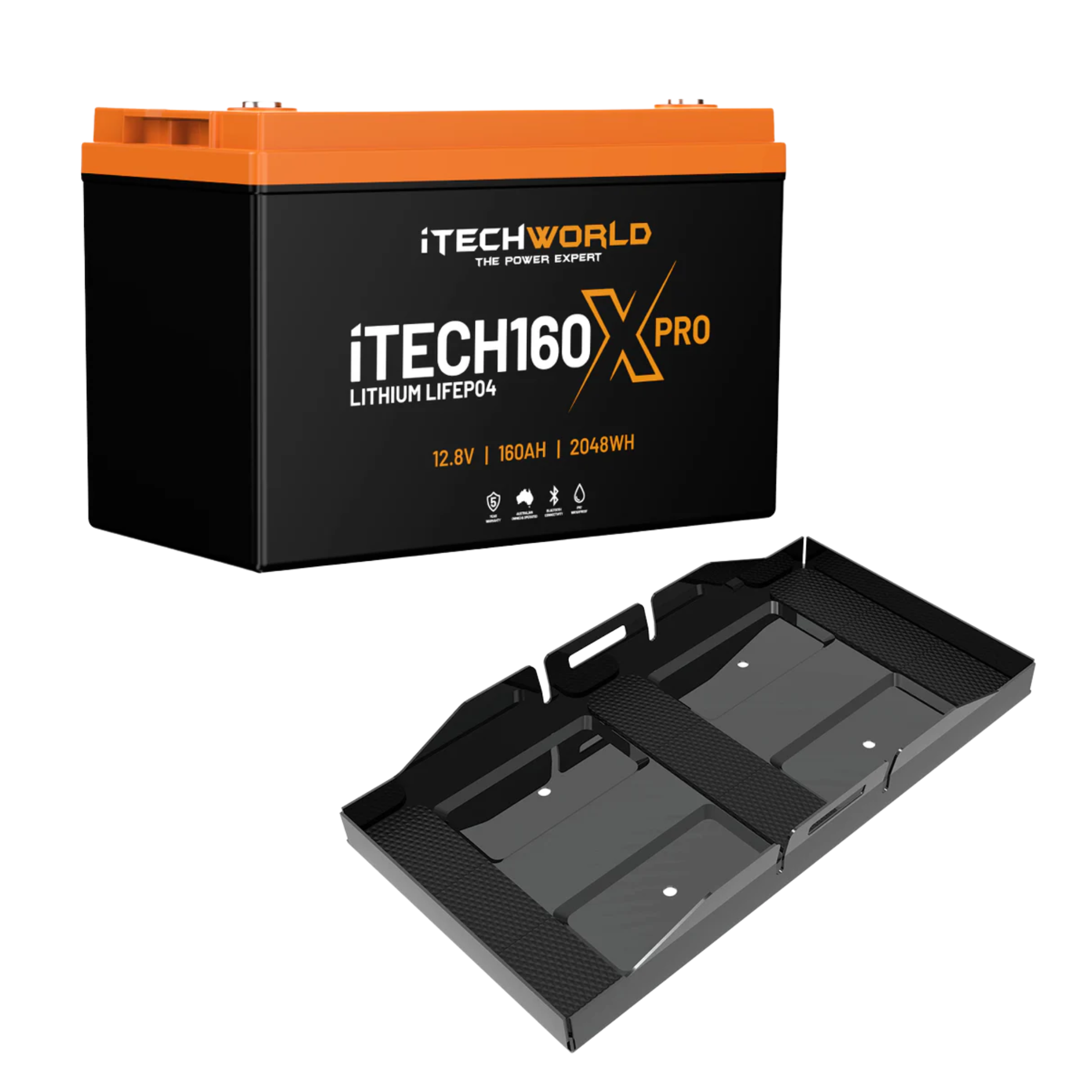 A black and orange iTechworld 160Ah Lithium LiFePO4 Bluetooth PRO Battery sits on a matching black tray with side handles.