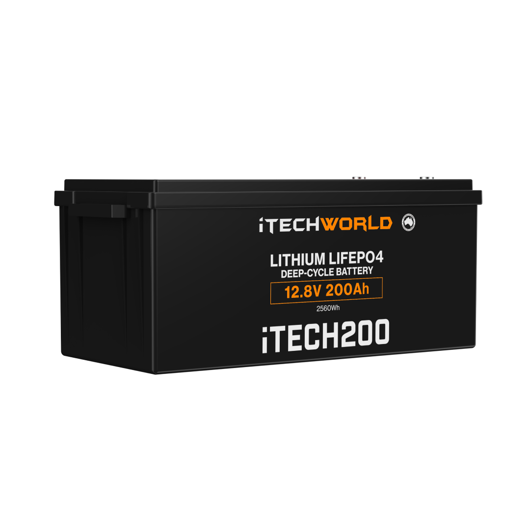 The iTechworld iTECH200 Deep Cycle Lithium Battery (LiFePO4 200Ah 12V) in black features orange and white text with specs—12.8V, 200Ah, and 2560Wh—on the front, providing reliable power for demanding applications.