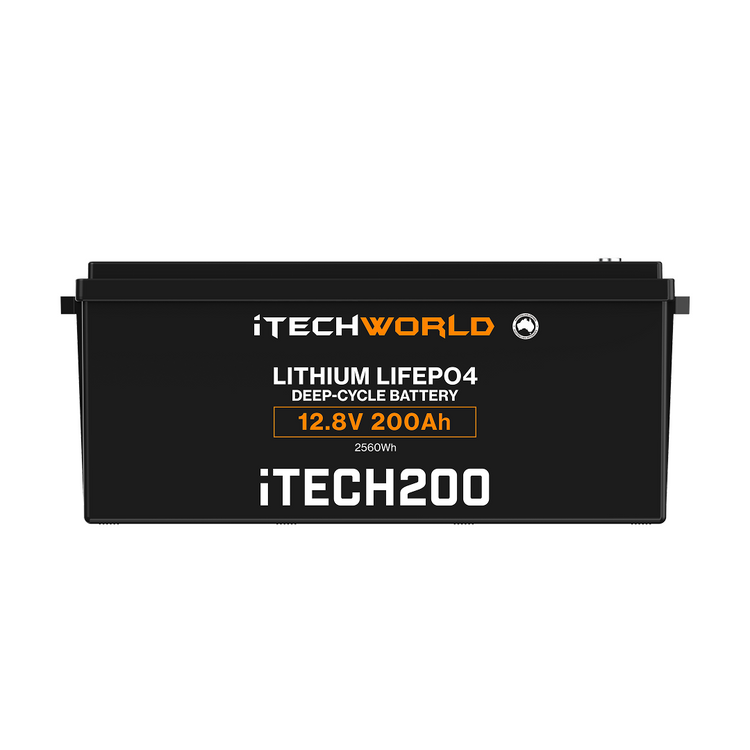 A black iTechworld iTECH200 Deep Cycle Lithium Battery (LiFePO4 200Ah 12V) with orange and white text shows 12.8V, 200Ah, and 2560Wh on the front, providing high-performance power for your needs.