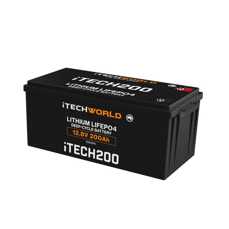 The iTechworld iTECH200 Deep Cycle Lithium Battery (LiFePO4 200Ah 12V) provides high-performance power and is displayed on a white background.