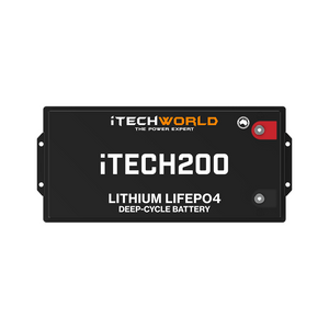 The iTechworld iTECH200 Deep Cycle Lithium Battery (LiFePO4 200Ah 12V) is a rectangular black battery labeled "The Power Expert," offering high-performance power with clearly marked positive and negative terminals.