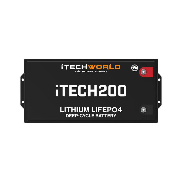 The iTechworld iTECH200 Deep Cycle Lithium Battery (LiFePO4 200Ah 12V) is a rectangular black battery labeled "The Power Expert," offering high-performance power with clearly marked positive and negative terminals.
