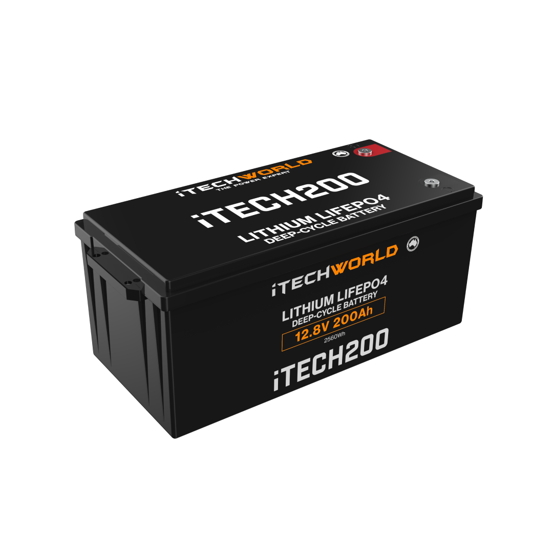 The iTechworld iTECH200 Deep Cycle Lithium Battery (LiFePO4 200Ah 12V) offers high-performance power. Its rectangular black case displays iTechworld branding and specs in white and orange on the side and top.