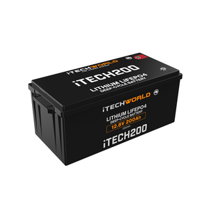 The iTechworld iTECH200 Deep Cycle Lithium Battery (LiFePO4 200Ah 12V) offers high-performance power. Its rectangular black case displays iTechworld branding and specs in white and orange on the side and top.