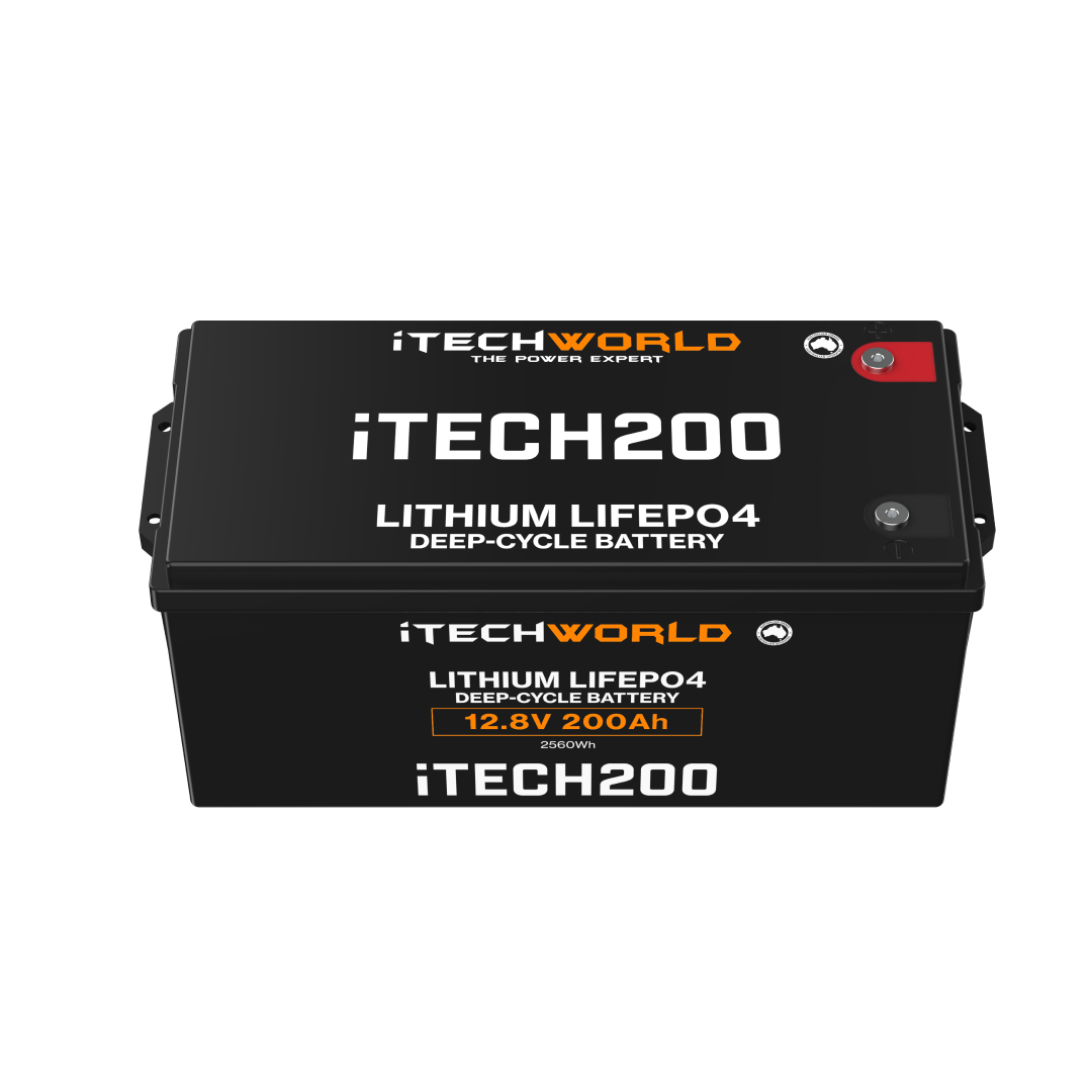 The iTechworld iTECH200 Deep Cycle Lithium Battery (LiFePO4 200Ah, 12V) is black with orange and white text and top-right terminals, delivering high performance at 12.8V, 200Ah, and 2560Wh.