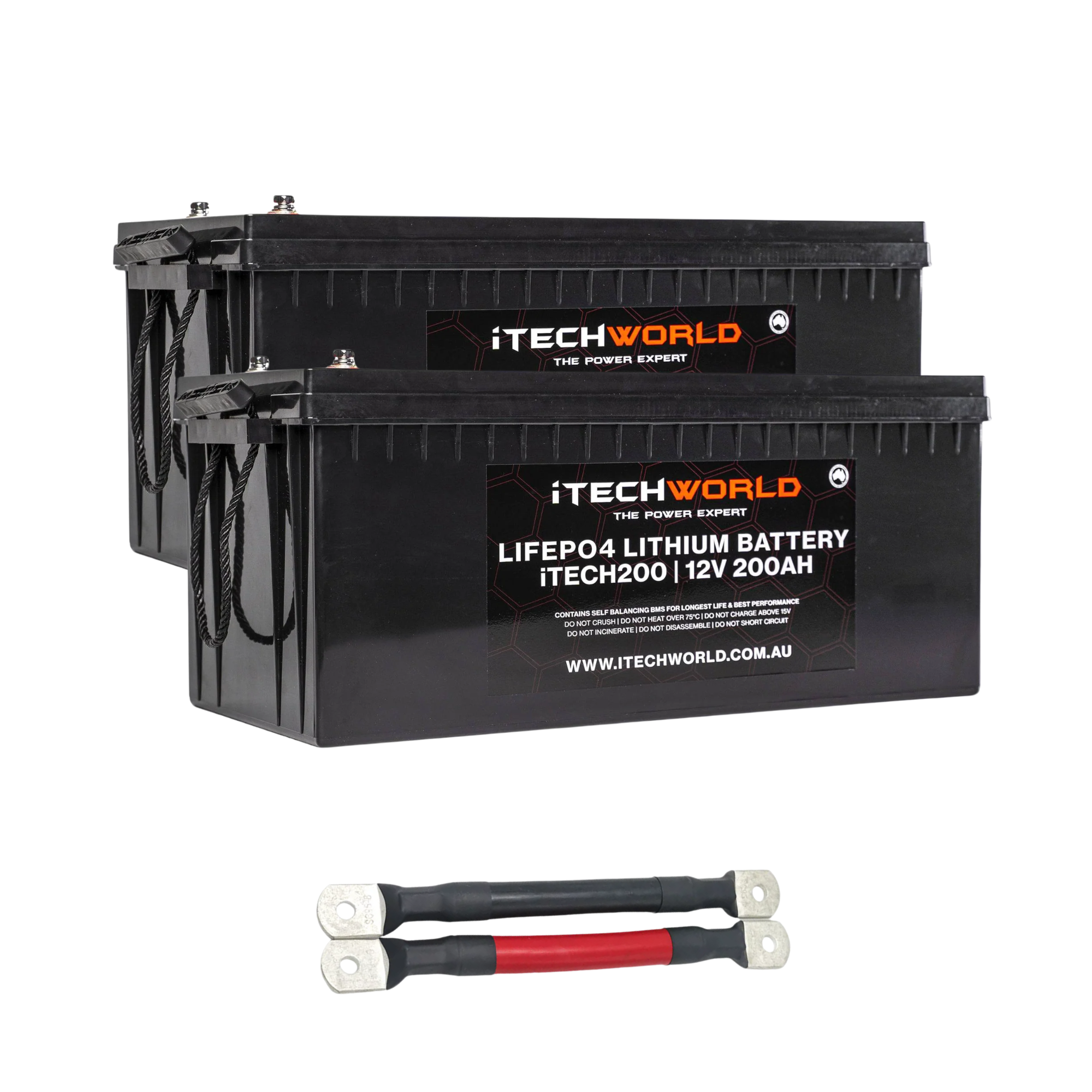 The iTechworld 400Ah Lithium LiFePO4 Battery Bundle features two 200Ah deep cycle batteries stacked together with visible branding, plus 000AWG parallel cables (one red, one black)—perfect for Off-Grid Solar setups.
