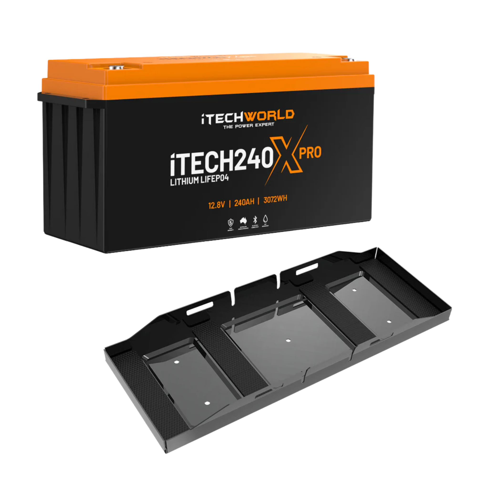 The iTechworld 240Ah Lithium LiFePO4 Bluetooth PRO Battery Bundle, in black and orange, is displayed with a matching black battery tray featuring mounting holes—ideal for off-grid power.