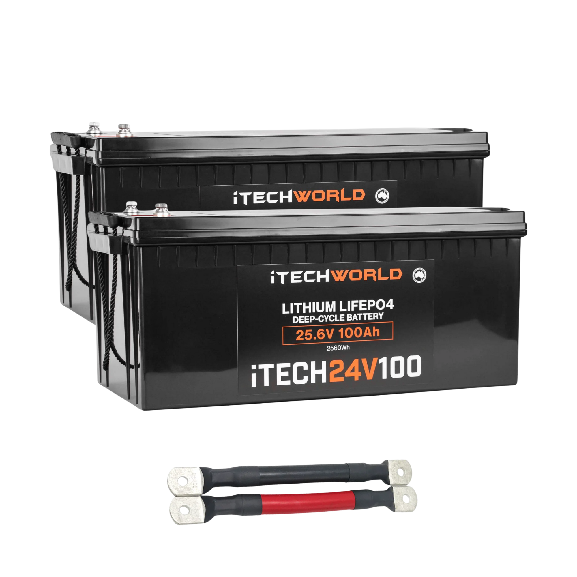 The iTechworld 200Ah 24V Lithium LiFePO4 Battery Bundle includes two 100Ah 24V deep cycle batteries with 000AWG parallel cables—ideal for reliable power in off-grid solar systems.