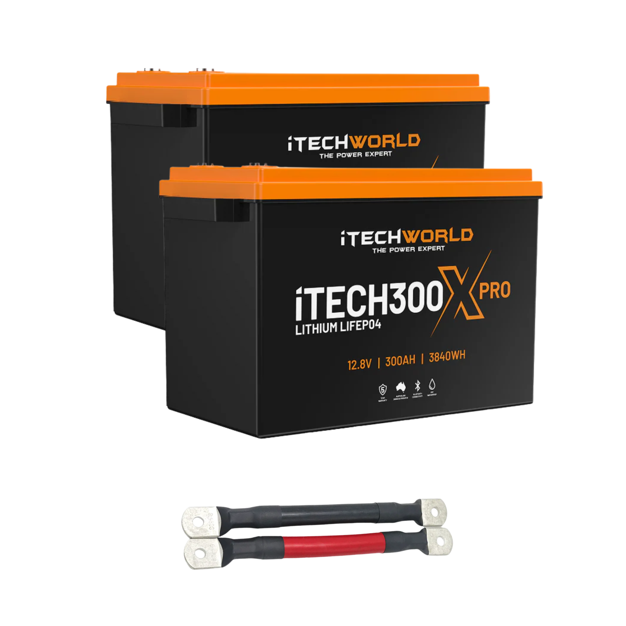 The iTechworld 600Ah Lithium LiFePO4 Bluetooth PRO Battery Bundle features two 300Ah deep cycle batteries with parallel linking cables, perfect for off-grid solar setups.