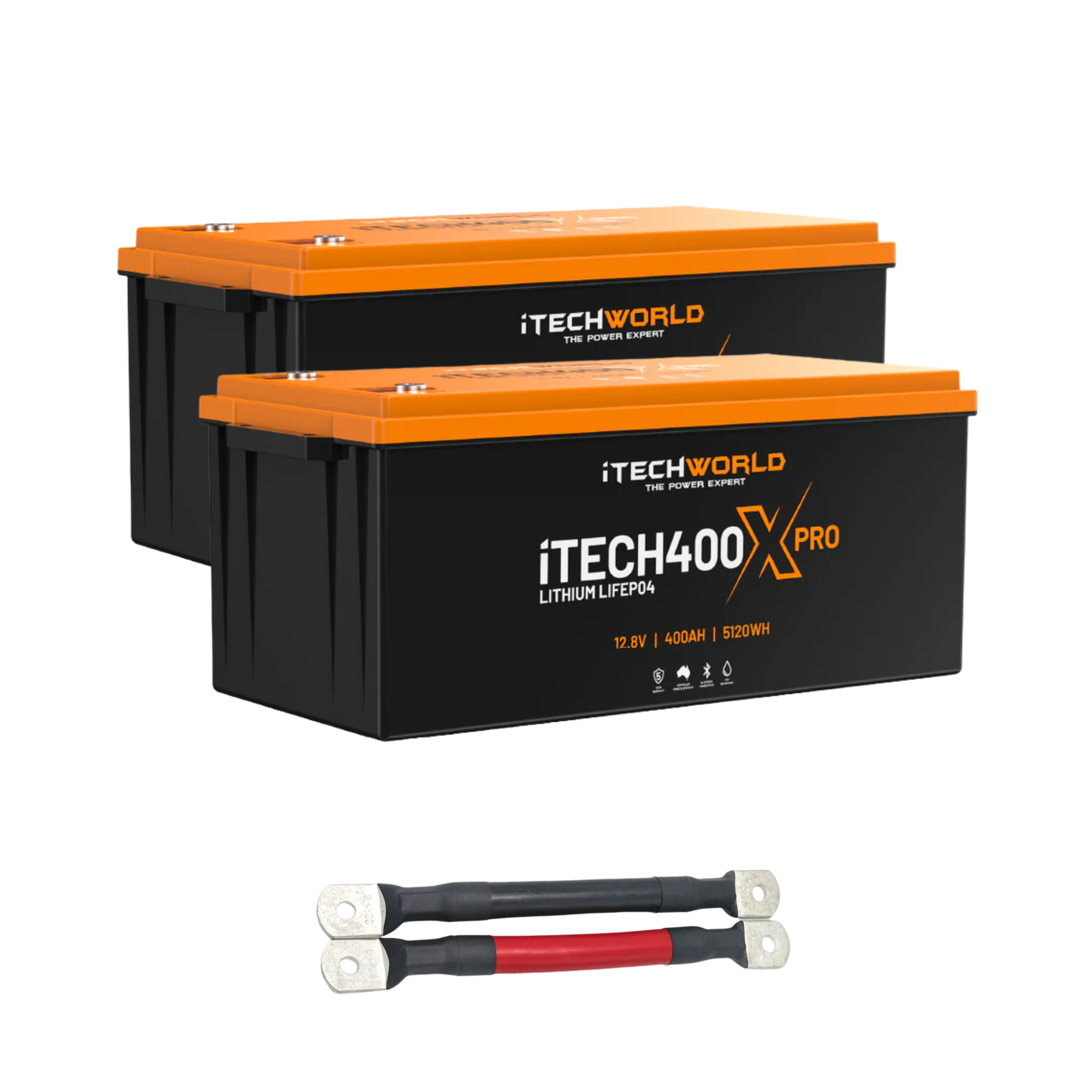 The iTechworld 800Ah Lithium LiFePO4 Bluetooth PRO Battery Bundle includes two 400Ah deep cycle batteries with parallel linking cables—ideal for off-grid solar systems requiring reliable, high-capacity power.