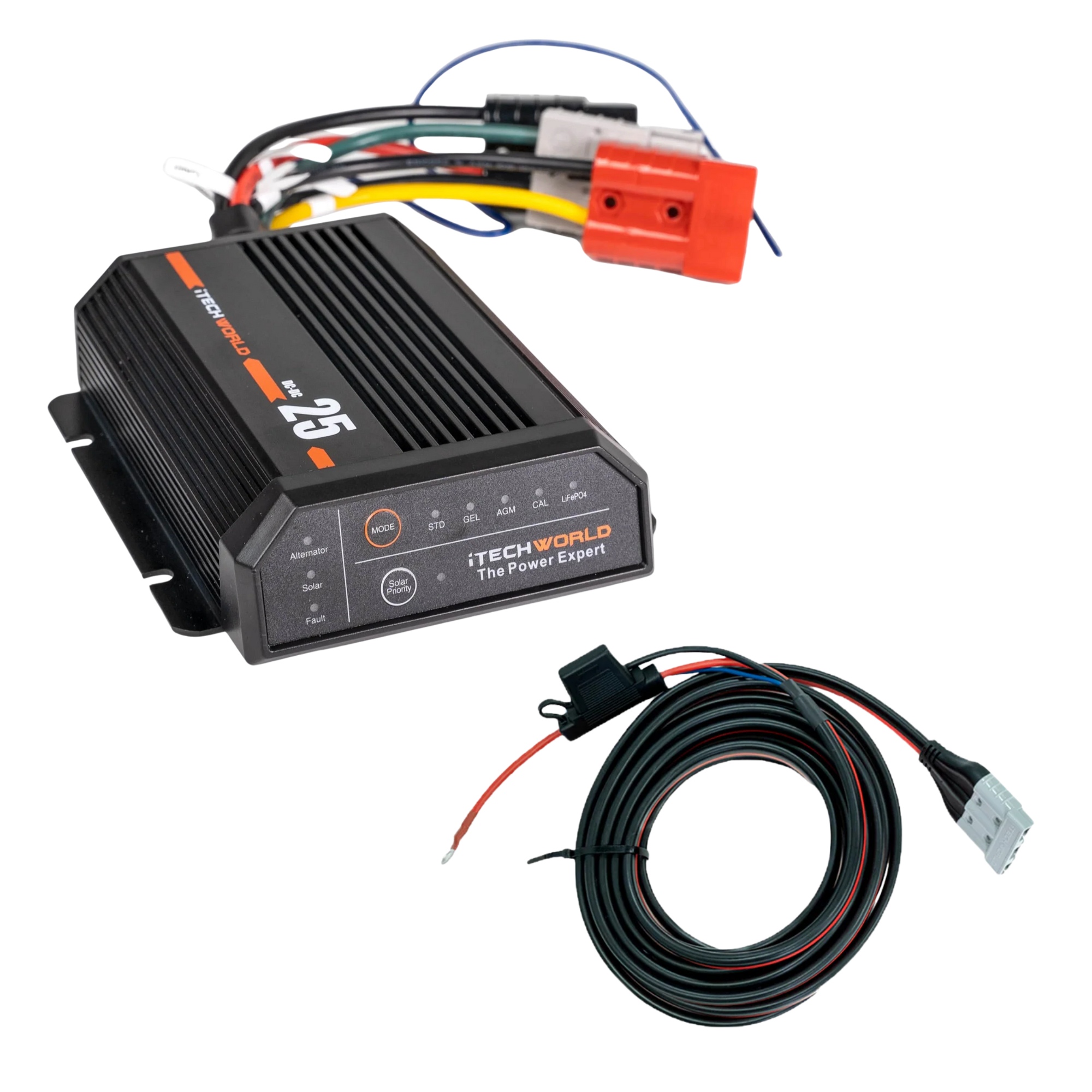 An iTechworld 25A DCDC + MPPT Battery Charger Bundle with Wiring Kit sits on a white background, featuring the black charger and colored wires—ideal for off-grid battery charging.